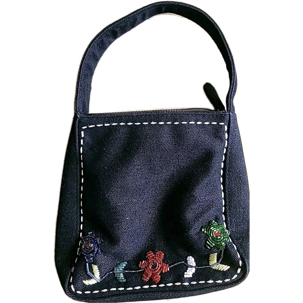 Vtg Rampage Black Beaded Flowers purse Y2K Boho Whimsigoth